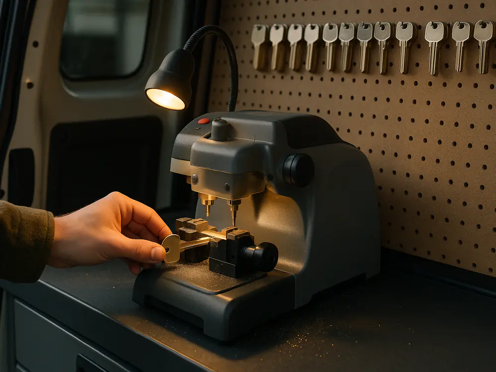 Een nieuwe sleutel wordt bijgemaakt op de sleutelmachine